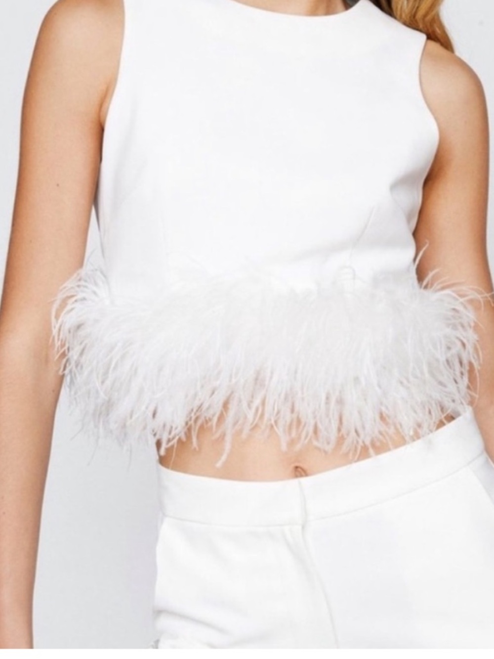 Lena Sleeveless White Feather-Hem Crop Top